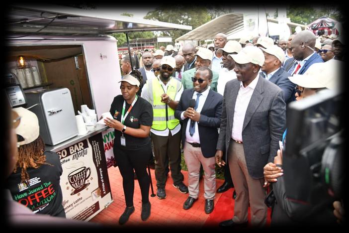 President William Ruto and officials viewing Coffee on Wheels at the launch